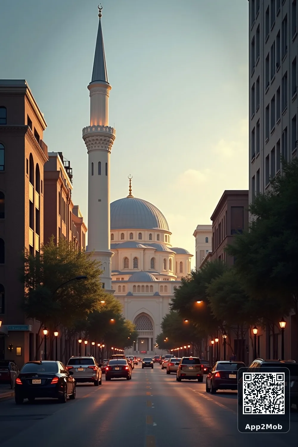 Islamic visual of Houston, United States, with mosque-inspired architecture for Houston prayer times and qibla direction