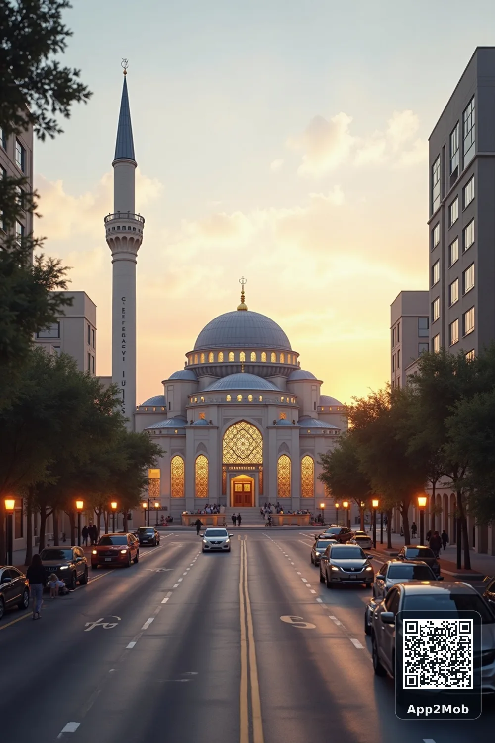 Islamic visual of Los Angeles, United States, with mosque-inspired architecture for Los Angeles prayer times and qibla direction
