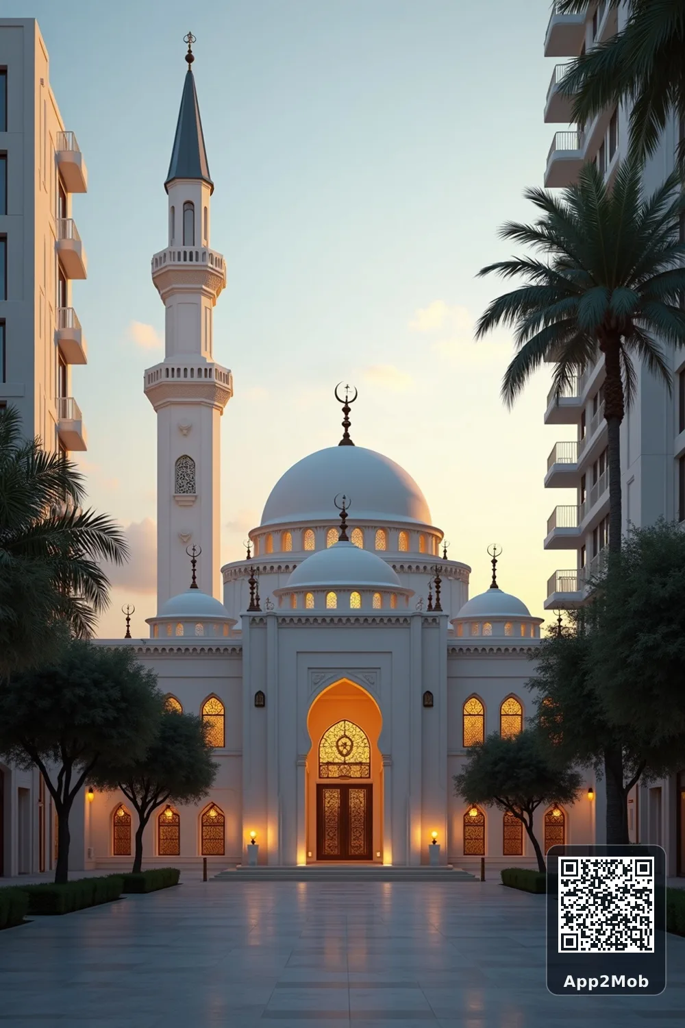Islamic visual of Miami, United States, with mosque-inspired architecture for Miami prayer times and qibla direction
