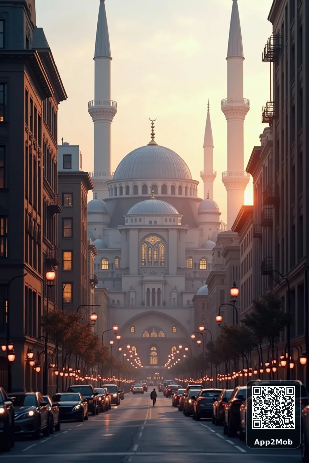 Islamic visual of New York City, United States, with mosque-inspired architecture for New York City prayer times and qibla direction